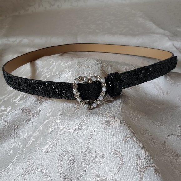 Black Sparkly Belt with Pearl and Rhinestones Heart Buckle - Picture 1 of 7